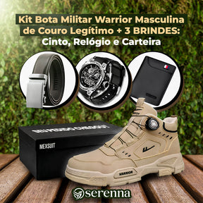 [Oferta de Dia dos Pais] Kit Bota Militar Warrior Masculina de Couro Legitimo + 3 BRINDES: Cinto, Relógio e Carteira